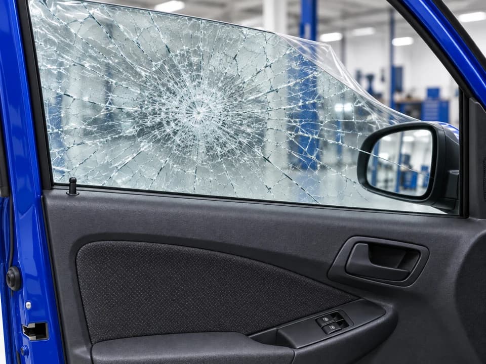 Vidro automotivo trincado com fragmentos retidos por uma camada de película reforçada.