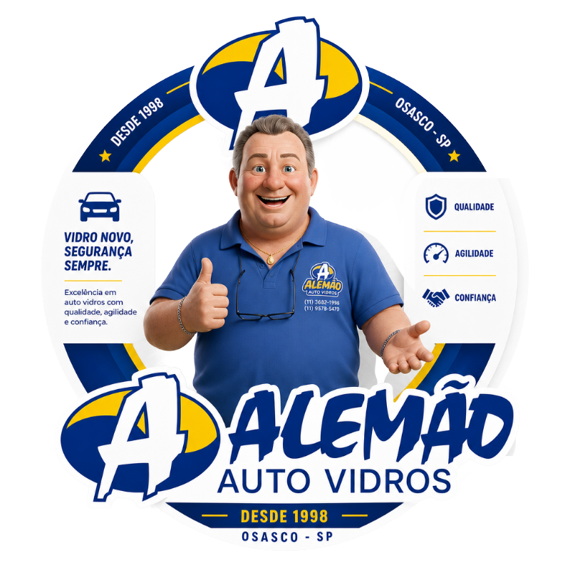 Emblema Alemão Auto Vidros — desde 1998, Osasco-SP. Vidro novo, segurança sempre: excelência em auto vidros com qualidade, agilidade e confiança.