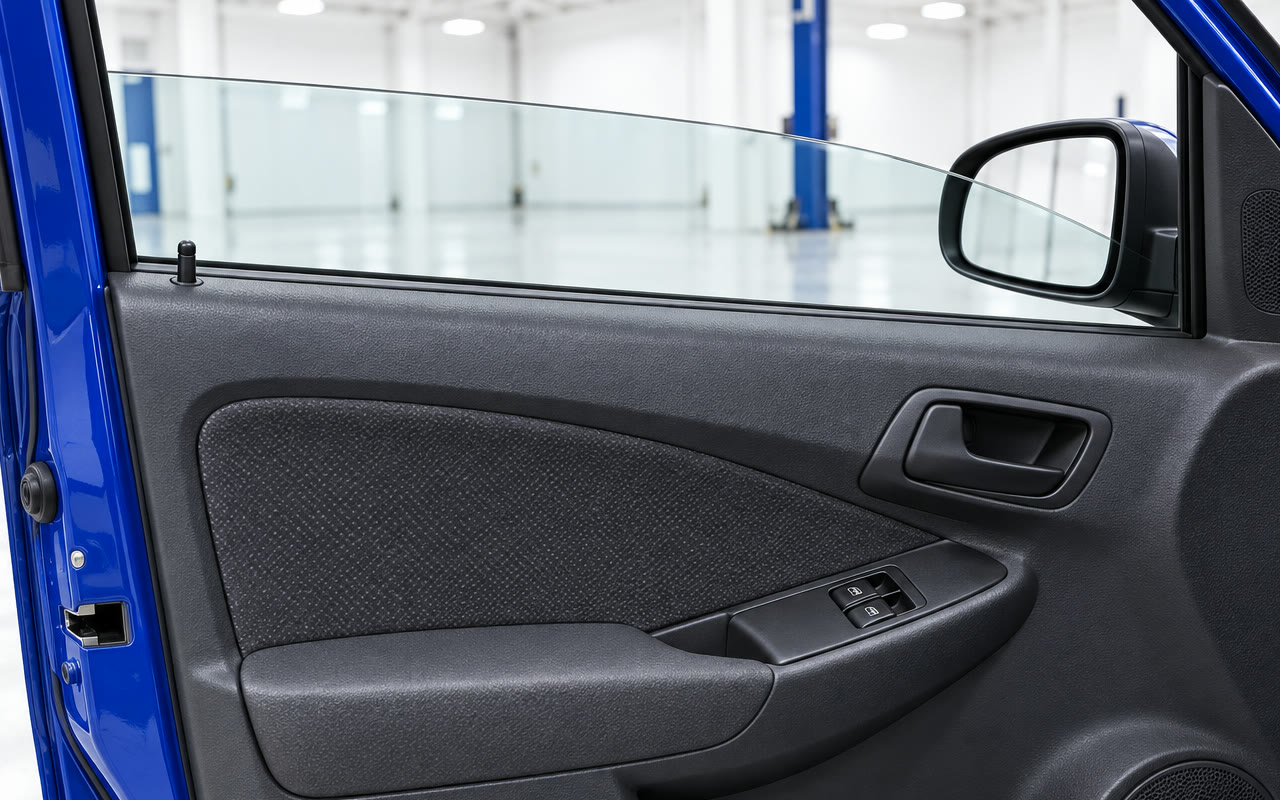 Vista de dentro do carro: a janela da porta com o vidro e o retrovisor